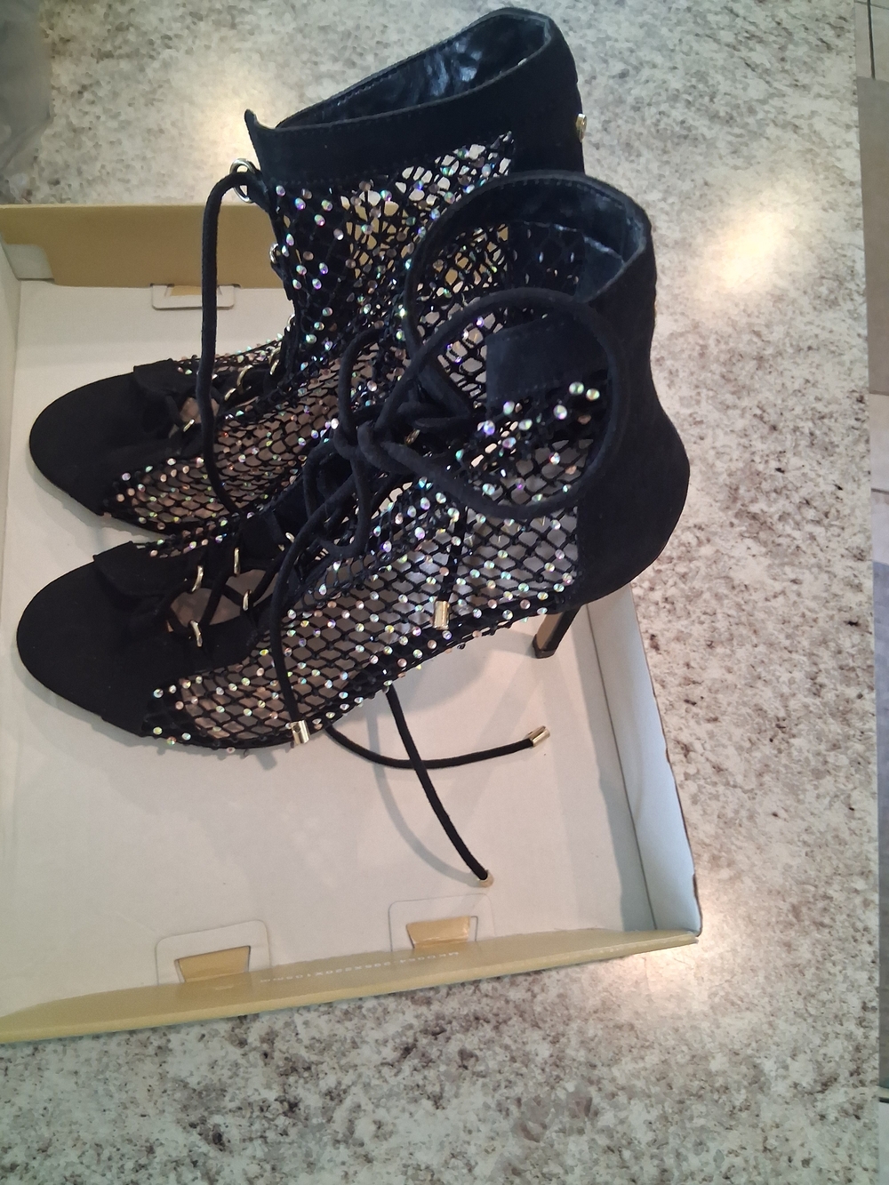 Black Mesh Lace-Up Heeled Sandals with Iridescent Embellishments